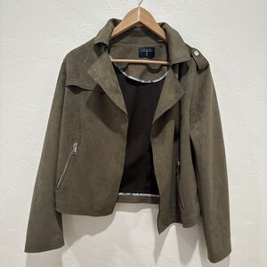 Tahari Womens Jacket M Medium Dark Olive Green Blazer Collared Faux Leather